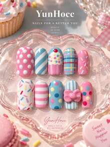 10Pcs Short Square Handmade Reusable Press On Nails, Macaron Candy Style, Hand Painted Cupcake, Polka Dot, Stripe & Plaid Pattern With 3D Pink Bow Decor, Sweet Cute Cartoon False Nail Kit For Party Photoshoot Daily Wear - Multicolor - View 3