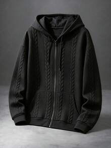 Men's Textured Jacquard Hooded Zip-Up Sweatshirt Jacket, Casual Long Sleeve Sweatshirt Top With Pockets - Black - View 1