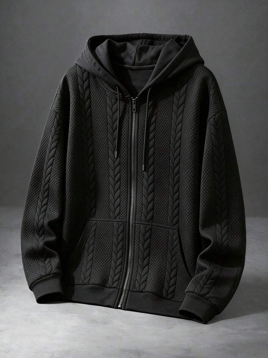 Men's Textured Jacquard Hooded Zip-Up Sweatshirt Jacket, Casual Long Sleeve Sweatshirt Top With Pockets - Black - View 1
