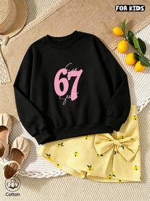 Children's Black Hoodie, Pink "67" And Handwritten Print, Round Neck, Soft And Breathable, Suitable For Daily Wear In Spring And Autumn - Black - View 2