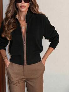 Women's Autumn Stand Collar Zipper Knit Cardigan, Raglan Long Sleeve Slim Fit Solid Color Casual Short Sweater Jacket - Black - View 2