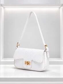 1pc Women's Fresh White Snakeskin Pattern Underarm Bag, Luxury Metal Lock, French Style, Daily Shoulder Bag - White - View 4