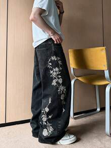 Korean Style Minimalist Men's Black Denim Jeans With Exquisite Side Embroidery, Wide Leg, Versatile Casual Loose Fit Non-Stretch All Season Long Pants 1pc | Belt & Accessories Not Included - Black - View 4