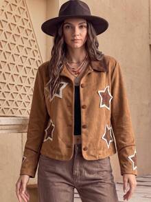 Bohemian Vintage Suede Star Patchwork Lace Design Casual Holiday Festival Jacket - Brown - View 5