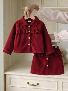 2pcs Girls Vintage Sweet Style Corduroy Short Jacket With Lapel And Frill Trim, Paired With High Waist Ruffle Button A-Line Skirt Set, Spring/Autumn - Burgundy - View 2
