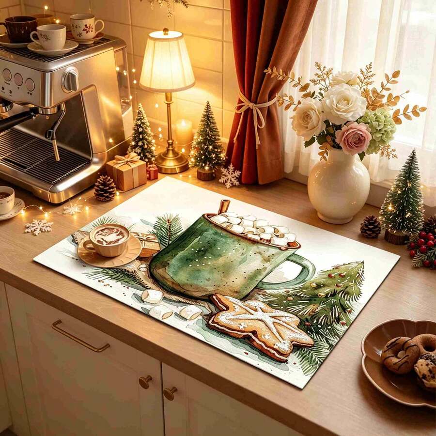 1pc Christmas Series Watercolor Hot Cocoa & Gingerbread Man Pattern Coffee Bar Mat, Drainage Mat, Coffee Machine Soft Bottom Diatomaceous Earth Drainage Mat, Soft Rubber Drainage Mat, Super Absorbent Wear-Resistant Dish Drying Mat, For Countertop Restaurant Kitchen Table Mat, Patio Dining Table Decor, Home Kitchen Supplies, Countertop Decor Mat
