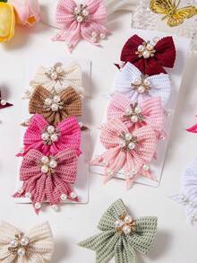 10pcs Girls Multicolor Rhinestone Pearl Flower Knitted Bow Hair Clips, Full Rhinestone Elegant Sweet Cute Hair Accessories, Top Clip Back Head Side Clip Alligator Hair Clip For Daily Use - Multicolor - View 3
