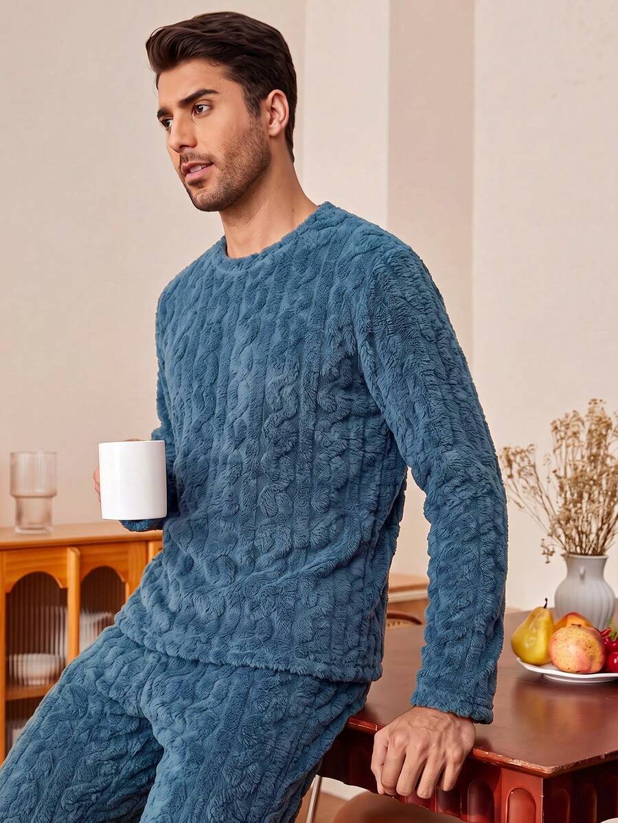 Pijamas para hombre conjunto de dos piezas, tela de felpa suave con relieve trenzado, cuello redondo manga larga, ropa de dormir cálida otoño invierno, ideal para regalo de Navidad - Azul - Ver 1