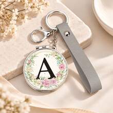 1pc 26 Letters Optional Floral Design Double-Sided Portable Makeup Mirror, 1X High Definition Mirror 180° Foldable PU Leather Pendant, Girls Bag Keychain Mirror/Bag Charm - Multicolor - View 22