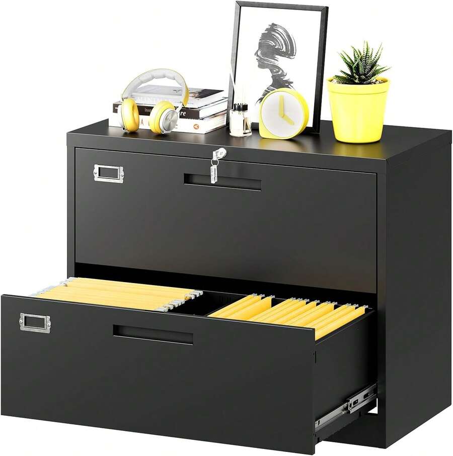 Archivador Lateral de Metal Negro 40.1x89.9x72.9 cm | Gabinete de 2 Cajones Grandes con Cerradura para Colgar Archivos | Compatible con Carta Legal F4 y A4 para Oficina | Fácil de Armar - Negro - Ver 1