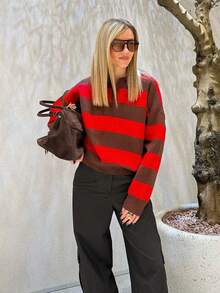 Women's Green Striped Polo Collar V-Neck Pullover Sweater Casual Preppy Knit Top - Red and Brown - View 4