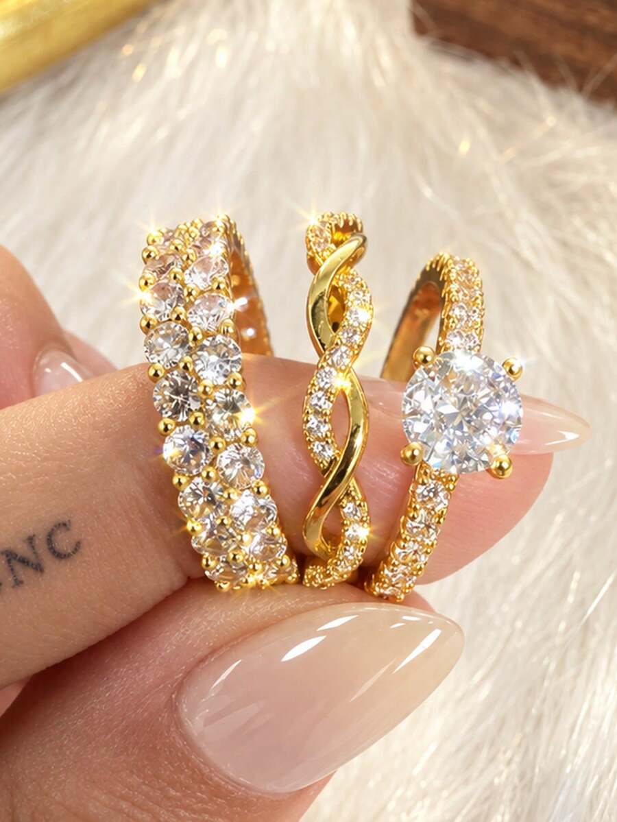 ZCNC Znice 2026 新款 304 不鏽鋼 18K 金鍍層可疊戴戒指組，女款 3 件套，苜蓿花與滿鑽個性化戒指，低過敏簡約飾品，母親節禮物，夏季度假配件