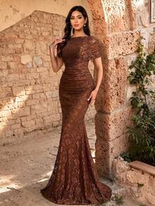 Fall Winter Elegant Asymmetrical Draped Short Sleeve Floral Lace Maxi Dress, Solid Color Ruched Bodycon Mermaid Long Gown For Wedding Party Festival - Coffee Brown - View 5