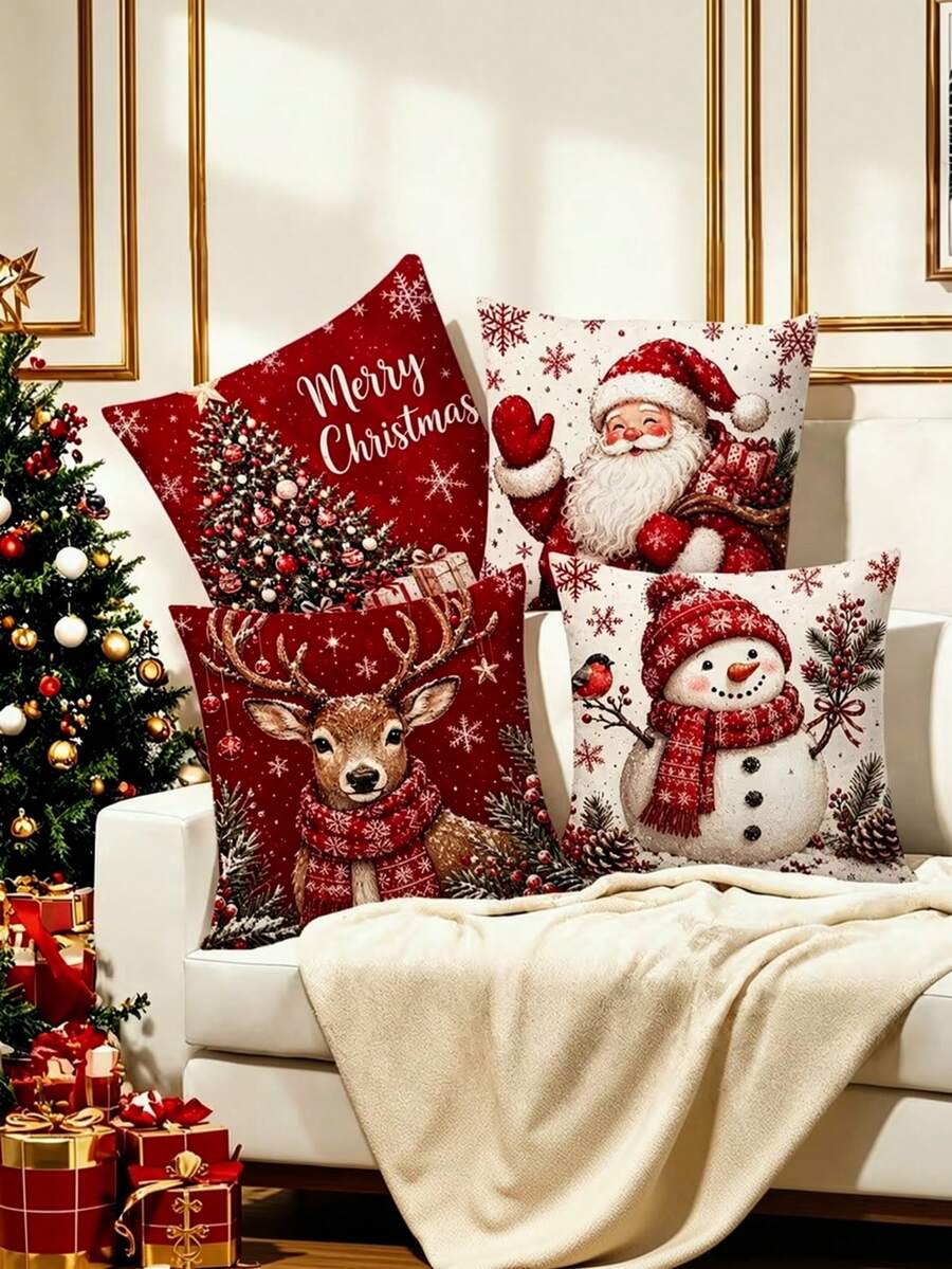 4件組聖誕裝飾枕套,聖誕老人、雪人、馴鹿與聖誕樹圖案印花枕套,節慶紅色調風格,拉鍊式正方形靠墊套,適合送給家人、朋友與伴侶的禮物,多款可選 - 紅色 - 查看 1