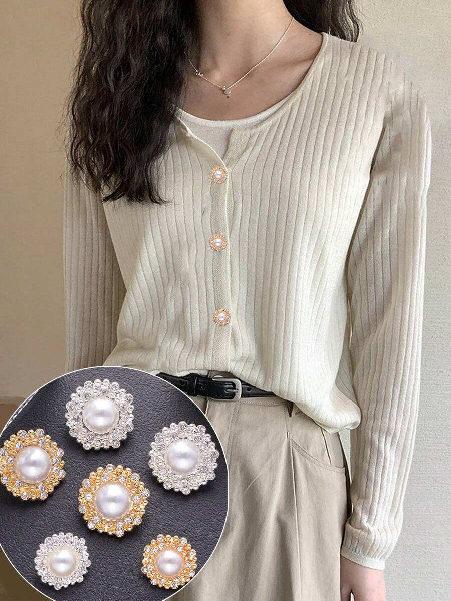 5pcs Luxury Round Pearl Rhinestone Inlaid Zinc Alloy Buttons, Decorative Sewing Fasteners For Suit, Overcoat, Garment DIY Decoration