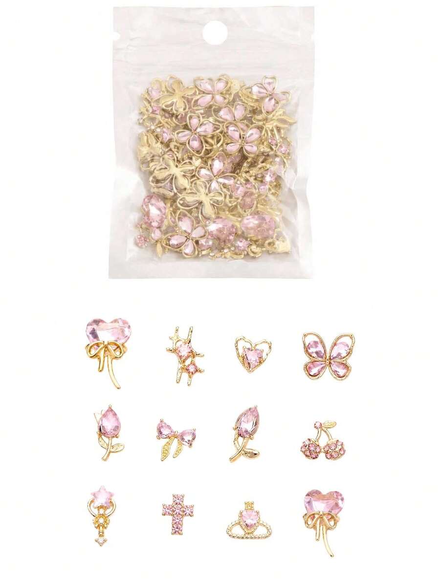 30件 Y2K 合金美甲飾品,鑲鑽設計,多款造型包含愛心、蝴蝶、鬱金香、蝴蝶結、土星、十字架、星星、櫻桃形,珠寶水晶亮片美甲裝飾,適合秋季 - 粉色 - 查看 1