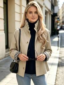 Autumn Casual Commute Pleated Stand Collar Jacket - Khaki - View 9