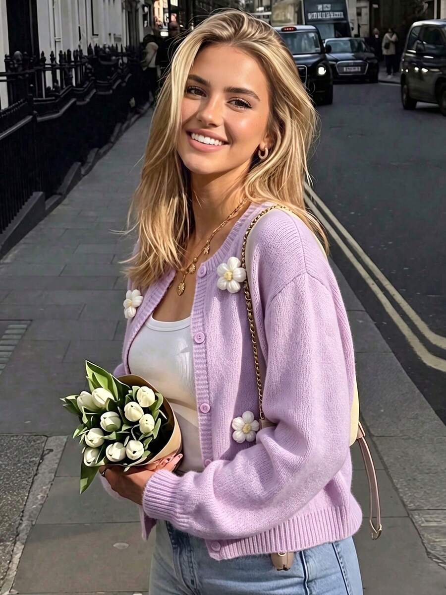 Fall Pastoral Style Outfit Women Light Purple 3D Floral Design Cardigan Ribbed Long Sleeve Round Neck Button Front Sweater Versatile For Daily Wear - Purple - View 1