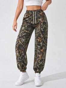 AODSR Women Camouflage Jogger Pants Drawstring Elastic High Waist Loose Fit Tapered Leg Casual Streetwear Outdoor Trousers - Grey - View 9