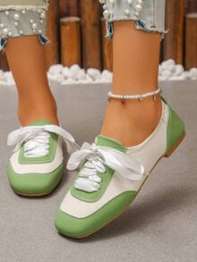 Sepatu Kasual Datar Wanita Xfxf dengan Blok Warna dan Lipatan Elastis di Tumit, Cocok untuk Pemakaian Sehari-hari/Perjalanan/Belanja/Bepergian. - Hijau - View 5