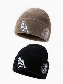 2件組中性時尚 LA Logo 刺繡無帽簷針織毛帽，適合秋冬日常保暖與旅行穿搭 - 2件裝-LA - 查看 15