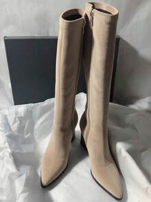 韓式簡約膝高彈性靴，啞光修身側拉鍊尖頭高跟靴 - 杏色 - 查看 6