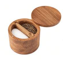 Acacia Wood Salt Pepper Box Dual Compartment With Swivel Lid - Brown - View 8