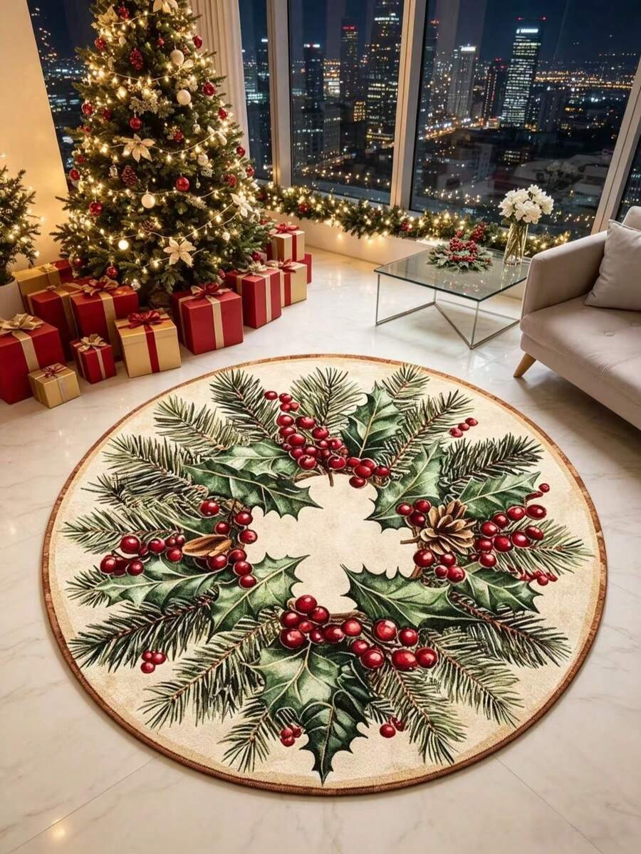 1pc Holly Wreath Round Rug, Decorative Carpet, Bedroom Decor, Small Rug, Carpet, Home Decor, Living Room Rug, Living Room Small Rug, Bedroom Rug, Living Room Home Decor - Multicolor - View 1