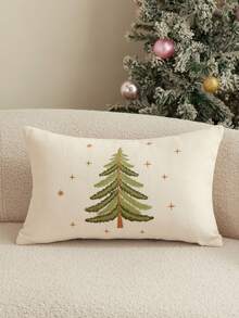 1pc Christmas Tree Embroidered Chenille Pillow Case, Red/Beige Holiday Decorative Cushion Cover, Hidden Zipper Design, Removable And Washable, Suitable For Sofa Living Room Christmas Home Decor, Pillow Insert Not Included - Beige - View 10