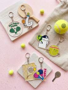 1/6pcs Cute Cartoon Padel Racket Tennis Acrylic Keychain, Fun Sports Style Flork Expression/Racket/Cute Duck Design, Padel Tennis Sports Bag Charm, Car Key Ring Accessory, Ideal Gift For Tennis Players, Sports Enthusiasts, Friends - Multicolor - View 4
