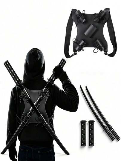 Accesorios de Cosplay, Incluye Correa para el Hombro y 2 Modelos Manuales, Accesorios de Disfraz de Guerrero Renacentista, Espada de Samurái Retráctil, Accesorio Negro, Réplica Exquisita, Hecho de Material PU, Inofensivo, Material de Espuma PU Suave, Sin Metal, Sin Afilado, Solo para Uso de Adultos Halloween