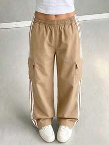1pc Teen Girls' Casual Sports Side Stripe Pocket Wide Leg Pants, Spring Summer Autumn - Khaki - View 3