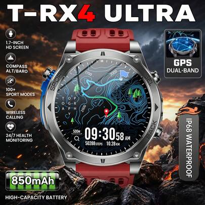 KENPANG Montre connectée GPS premium pour hommes, batterie Beast 850mAh, écran tactile complet 1,7", lumière LED d'urgence, positionnement GPS en temps réel intégré, boussole, altimètre, baromètre, météo, 100+ modes sportifs, appels Bluetooth, notification de messages, podomètre, suivi du sommeil, étanche IP68, tracker de fitness pour hommes, convient pour la course en plein air, la randonnée, le cyclisme, compatible avec iOS et Android
