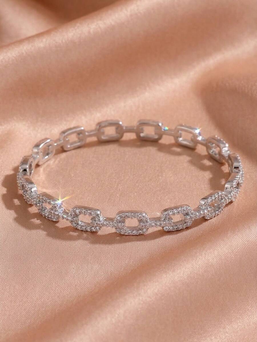 rakol 1件現代鏈條微鑲立方鋯石銀手鍊，時尚個性女款飾品，適合日常與派對穿著