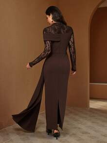 Women's Lace Patchwork Pleated Waist Elegant Evening Gown Wedding Dress - Coffee Brown - View 6