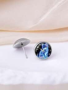 YUJUGLOW 1 Pasang Anting Tusuk Bulat Motif Jam Kucing Lucu dan Menawan dari Baja Tahan Karat 316, Cocok untuk Pemakaian Sehari-hari Wanita - Baby Blue - View 6