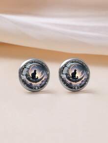YUJUGLOW 1 Pair Dark Fantasy Crescent Moon Black Cat Pattern 316 Stainless Steel Round Stud Earrings Suitable For Women's Daily Wear - Purple - View 3