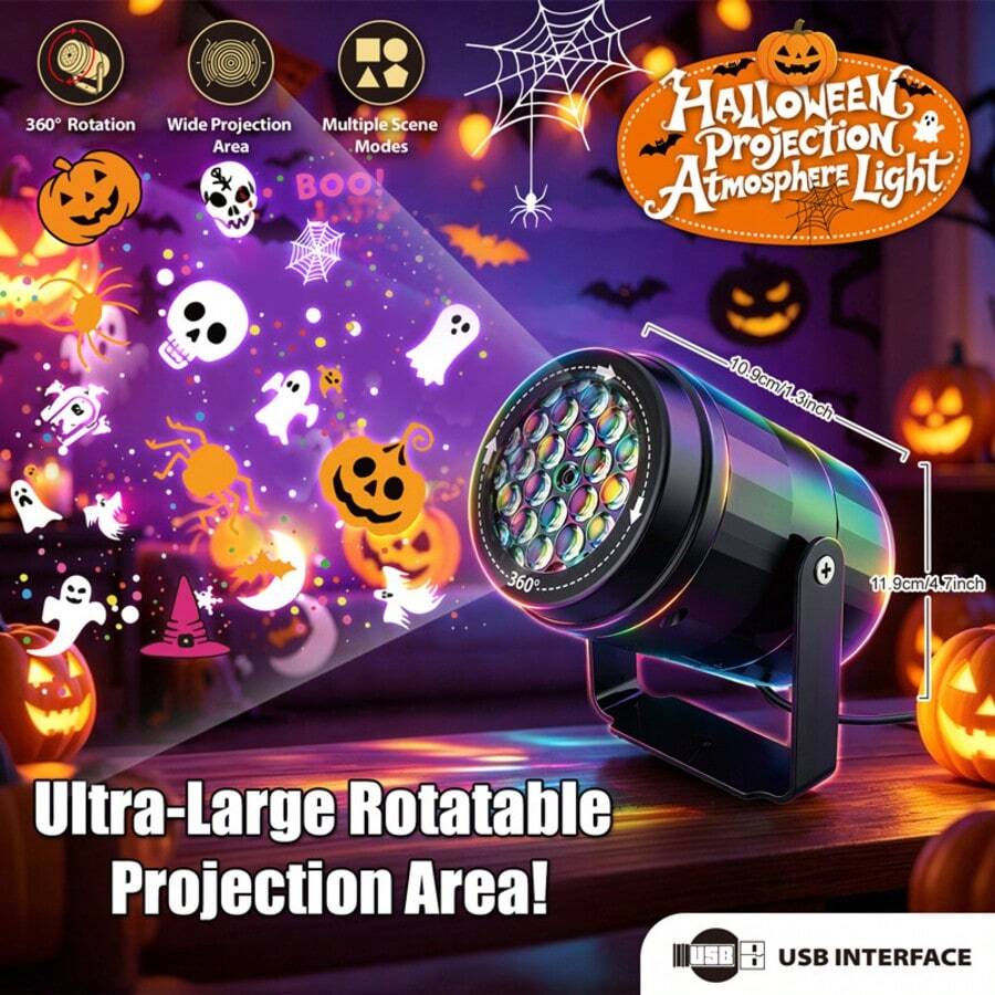 Halloween Projection Light USB Powered 16 Patterns Rotatable Stage Light Large Projection Area Indoor Home Party Event Atmosphere Decoration Light Night Party Gathering Theme Celebration Decoration Holiday Ideal Gift Choice - Multicolor - View 1