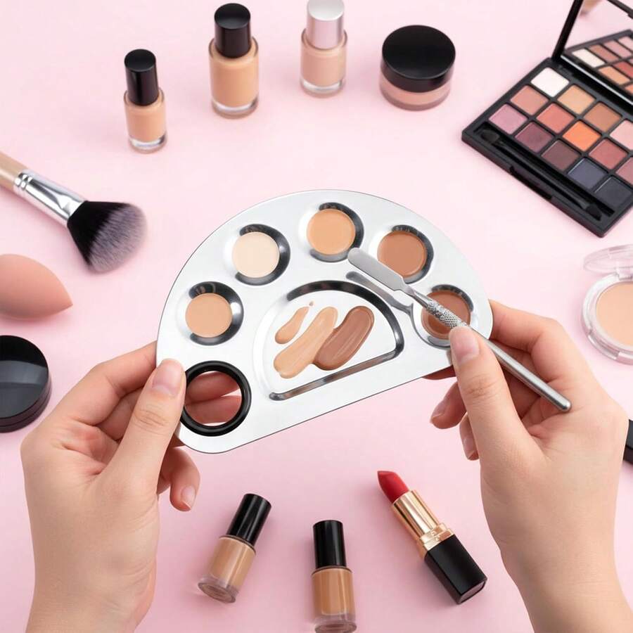 1pc Crescent Moon Shaped Mixing Palette With Scraper, Suitable For Nail Art, Beauty And Makeup, Cosmetic Mixing Tool - Silver - View 1