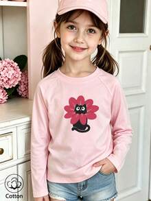 Kids Long Sleeve T-Shirt Round Neck Cartoon Cat Print Pink - Baby Pink - View 10
