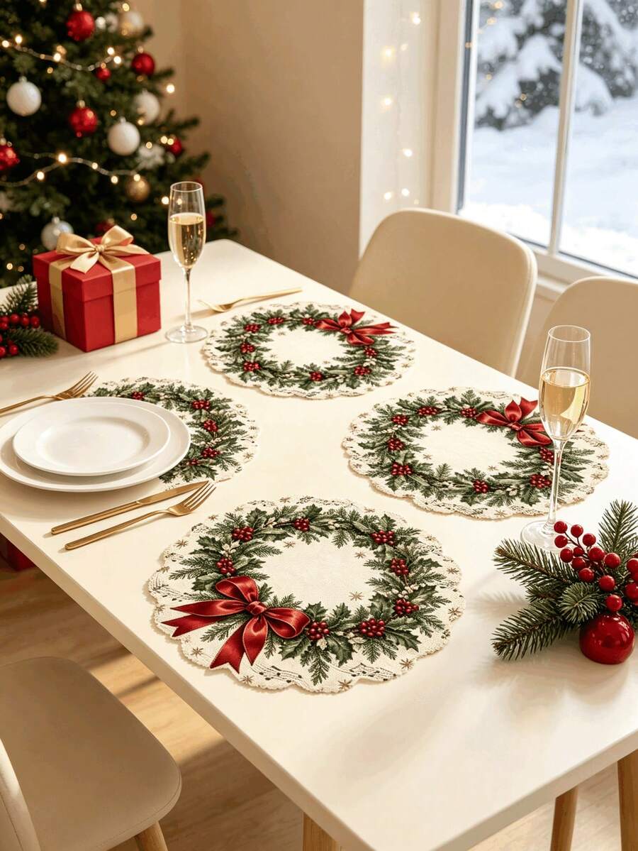 1/2/4pcs Christmas Placemats, Lace Design, Berry And Bow Elements, Bamboo And Linen Material, Suitable For Christmas Decoration, Table Decoration, Holiday Decoration, Holiday Party - Multiple Styles - View 1