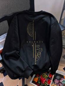 Women's Black Long Sleeve Crew Neck Pullover Sweatshirt, Printed With Brain And Heart Pattern, Ribbed Details, Regular Length, Ideal For Autumn Streetwear - Black - View 5