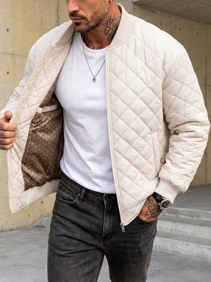 Blueprint Man 1pc Men's White Diamond Quilted Baseball Collar Jacket, Smooth Metal Zipper Closure, Symmetrical Side Pockets, Loose Drop Shoulder Fit, Casual Commute Daily Layering, Minimalist Casual Style - White - View 1