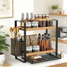 Tier Spice Rack Organizer Countertop With Drawer And Basket, Suitable Coffee Organizer, Kitchen Counter Storage, Bathroom Storage - Brown - View 5