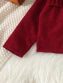 2pcs Girls Vintage Sweet Style Corduroy Short Jacket With Lapel And Frill Trim, Paired With High Waist Ruffle Button A-Line Skirt Set, Spring/Autumn - Burgundy - View 7