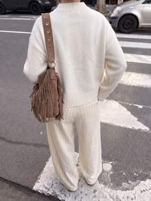 Women's High Neck Drop Shoulder Knit Sweater, Loose Fit Solid Color Basic Casual Pullover Top, Suitable For Weekend Gatherings And Daily Occasions - White - View 5