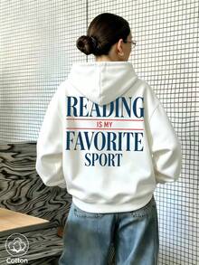 Unisex Oversized Hoodie: 'Reading Is My Favorite Sport' Blue & Red Back Print, Breathable Casual Pullover For Youth, Spring Autumn Daily Wear - White - View 2