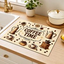 1pc Vintage Coffee Time Print Kitchen Dish Drying Mat, Coffee Pot Coffee Cup Coffee Bean Grinder Pattern Table Mat, COFFEE TIME Text Coffee Machine Countertop Mat, Home Kitchen Dining Room Coffee Bar Desktop Decor - Multicolor - View 4