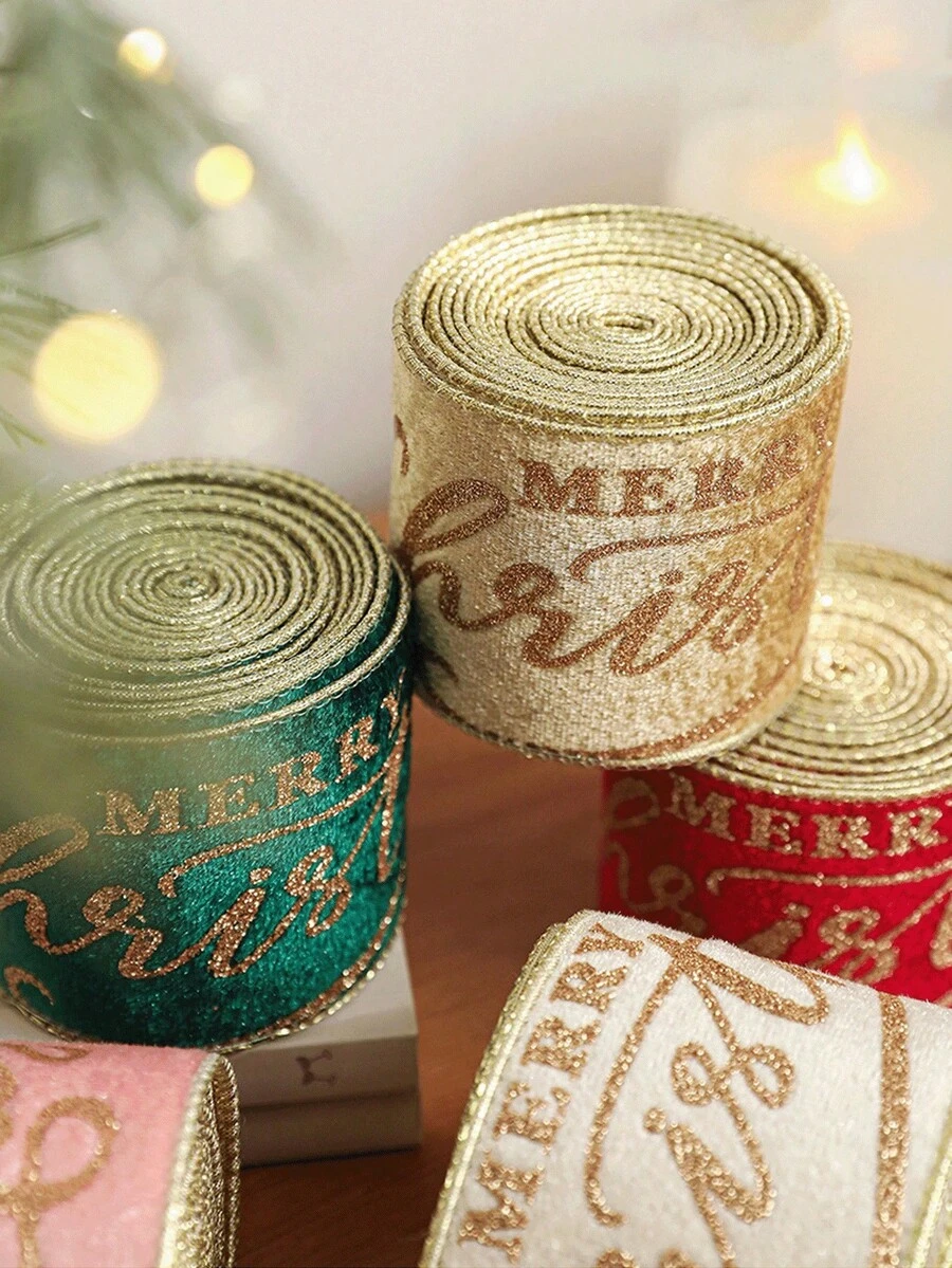 Velvet Christmas Ribbon, Elegant Metallic Ribbon With Gold Glitter, Merry Christmas Text, Metallic Edge, Double-Sided Ribbon, Suitable For Gift Wrapping, Gift Bows, Christmas Tree, Wreath, DIY Crafts, Holiday Party Decoration, Aesthetic Style - Multicolor - View 1