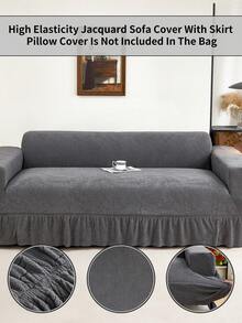 1PC Elastic Skirt Sofa Cover, Plant Leaf Pattern, Easy Installation, Pet Scratch Resistant, Decorate Living Room, Decorate Sofa, Single Seat, Two Seater, Three Seater, Four Seater Sofa Cover, Full Coverage With Skirt - Dark Grey - View 9